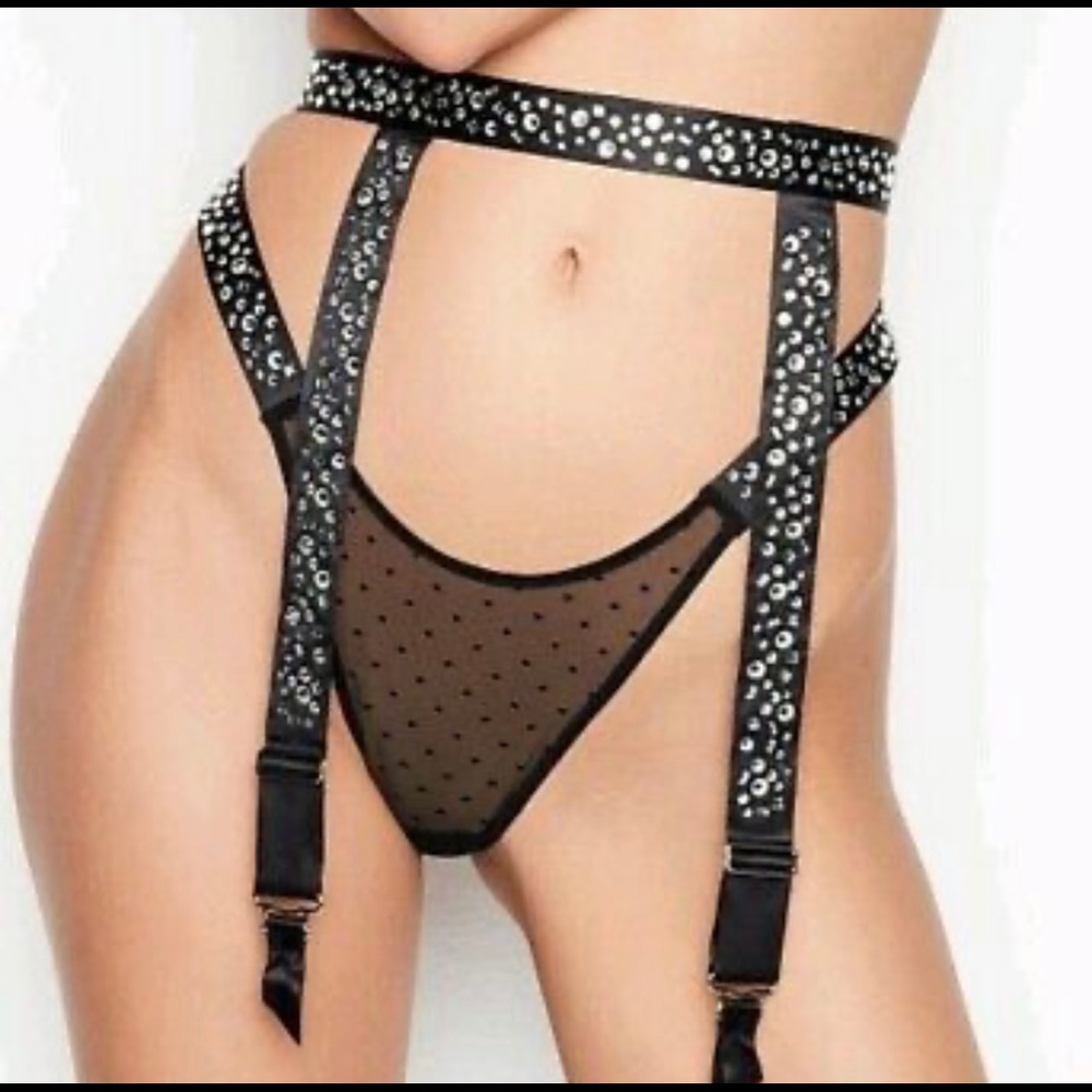 New Victoria's Secret Shine Strap Rhinestone Garter Belt ONLY sz M/L black